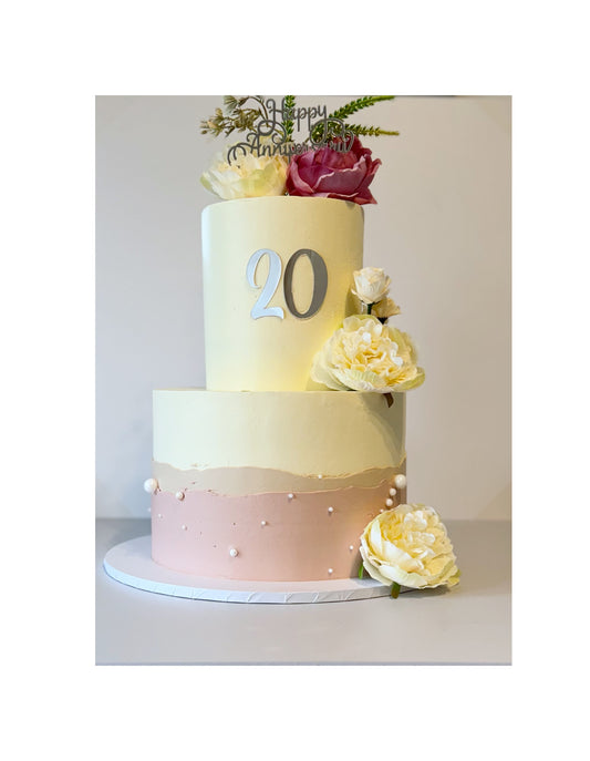 Elegant Two-Tier Wedding / Anniversary Cake with Florals &amp; Pearls