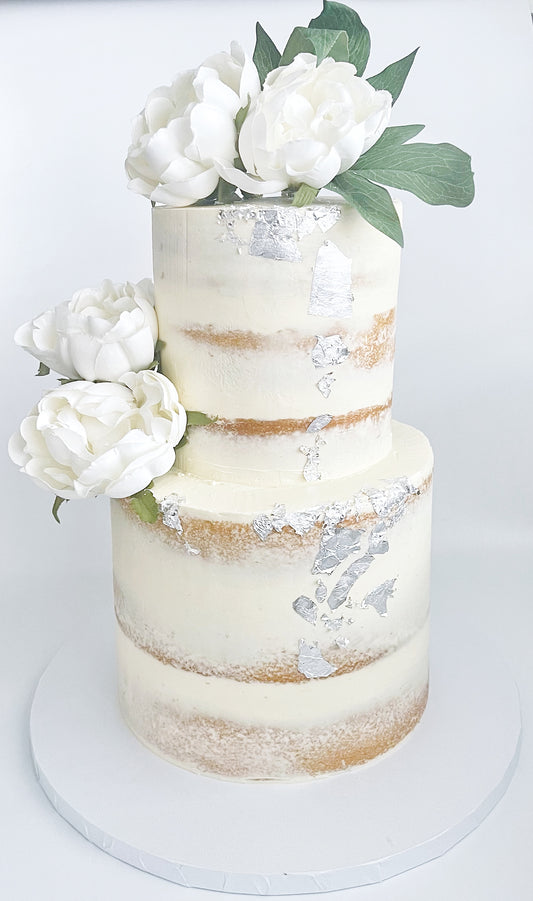 Elegant Two-Tier Semi-Naked Cake with Silver Leaf &amp; White Peonies